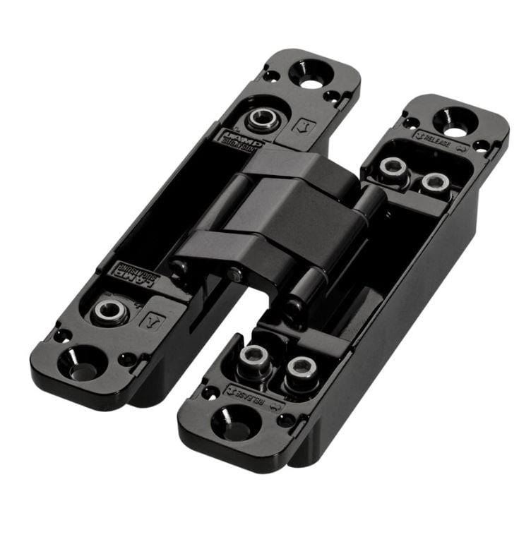 Three-way adjustable concealed hinge in various finishes, ideal for seamless cabinet door installations. Sold individually.