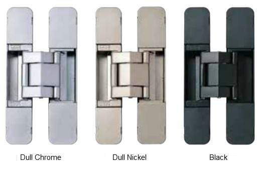 Three-way adjustable concealed hinges in dull chrome, dull nickel, and black finishes, sold individually for versatile use.