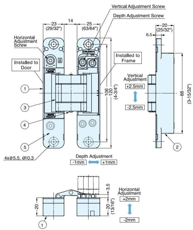Three-Way Adjustable Concealed Hinge - Multiple Finishes Available - Sold Individually