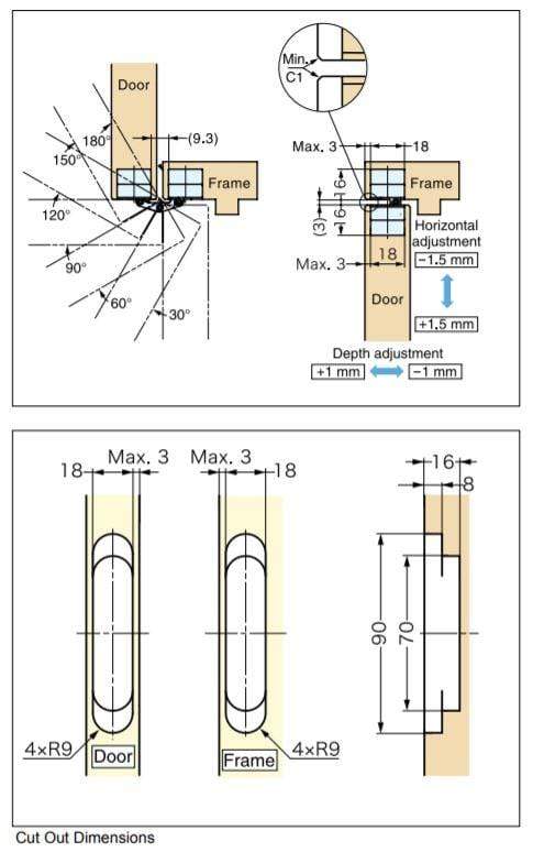 Three-way adjustable compact concealed cabinet hinge with multiple finishes, sold individually for versatile installation.