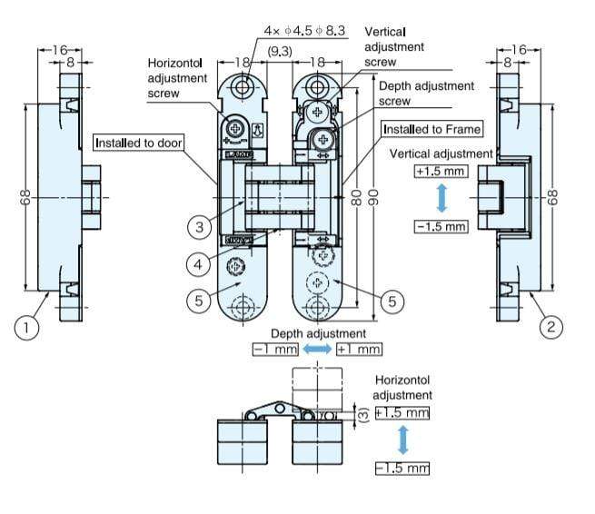 Three-way adjustable compact concealed cabinet hinge with detailed dimensions and adjustment features for installation.