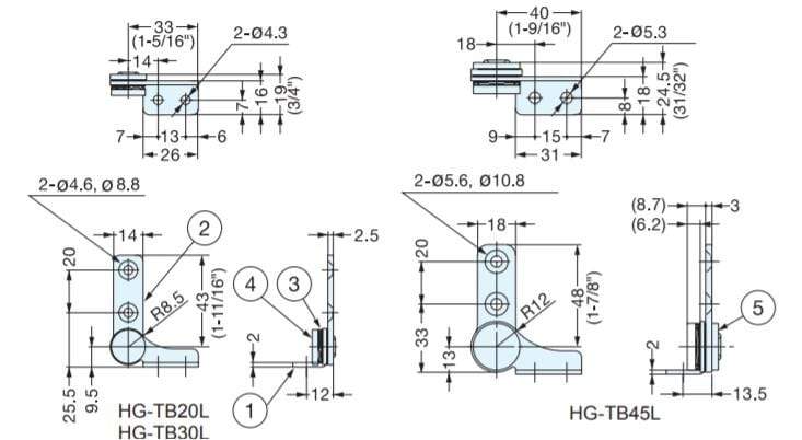 Stainless steel torque hinge for cabinets, sold individually, featuring detailed dimensions for installation.
