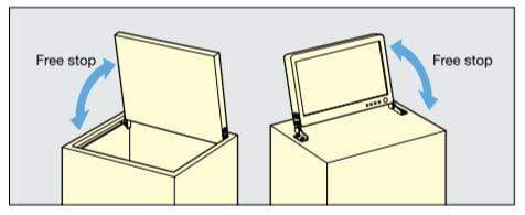 Stainless steel torque hinge for cabinets, providing a free stop feature for easy access and secure positioning.