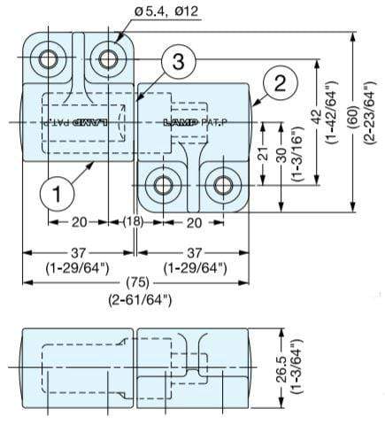 Torque hinges for cabinets with soft close feature, sold in pairs, featuring detailed dimensions for installation.