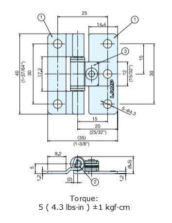 Stainless steel torque hinge for cabinets with polished finish, sold individually, featuring detailed dimensions.