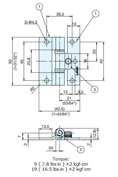 Polished stainless steel torque hinge for cabinets, sold individually, featuring detailed dimensions for installation.