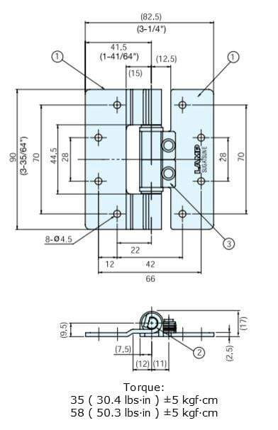 Stainless steel torque hinge for cabinets with polished finish, sold individually, featuring detailed dimensions.