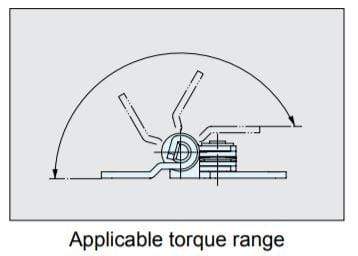 Stainless steel torque hinge for cabinets with polished finish, showing applicable torque range diagram.