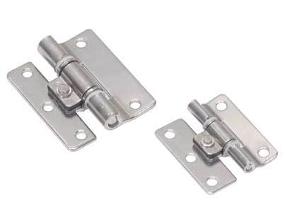 Stainless steel torque hinge for cabinets with a polished finish, sold individually, ideal for durable installations.