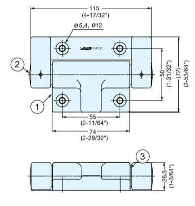 Soft-close torque hinge for cabinets in dark gray finish, sold individually, with detailed dimensions for installation.