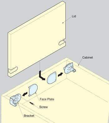 Torque soft-close lid hinges in black finish, 2 1/8" x 1 31/32", designed for smooth cabinet lid operation.