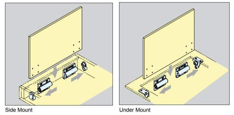 Torque hinges for cabinets with soft-open dampening feature, available in multiple finishes and sold in pairs.