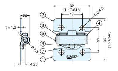Stainless steel torque hinge for cabinets, sold individually, featuring detailed dimensions for installation.