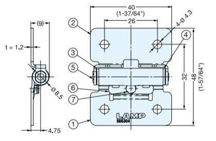 Stainless steel torque hinge for cabinets, sold individually, featuring detailed dimensions for installation.