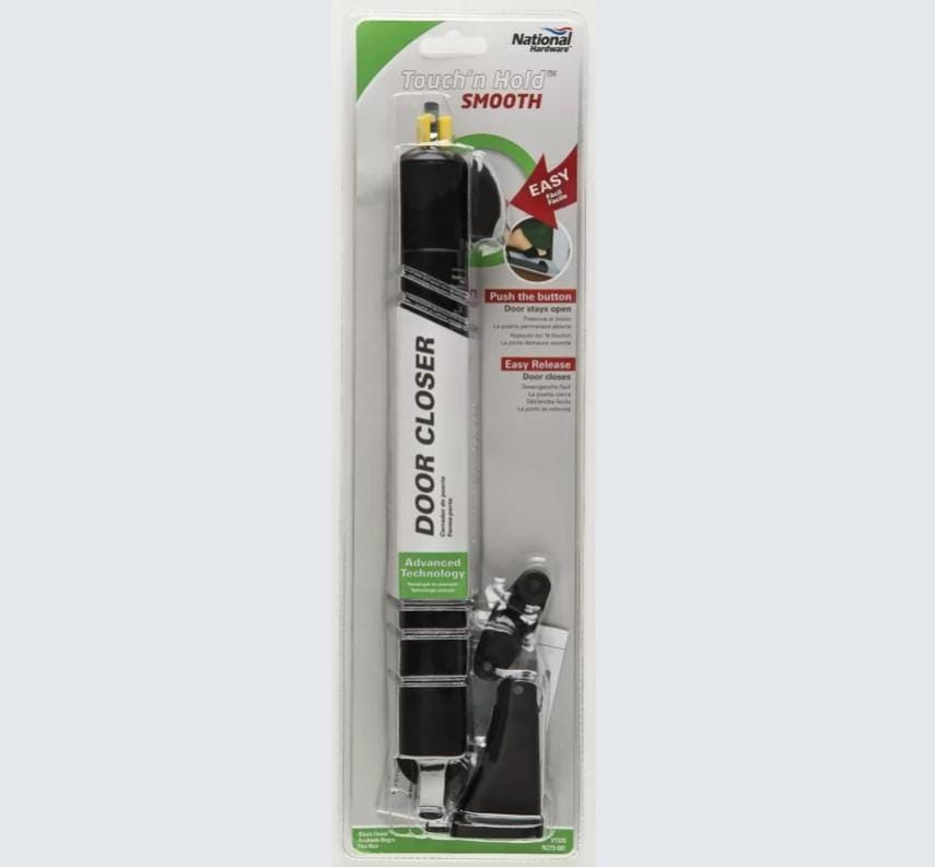 Touch 'n Hold Smooth Screen Storm Door Closer in packaging, featuring adjustable settings and multiple finishes available.