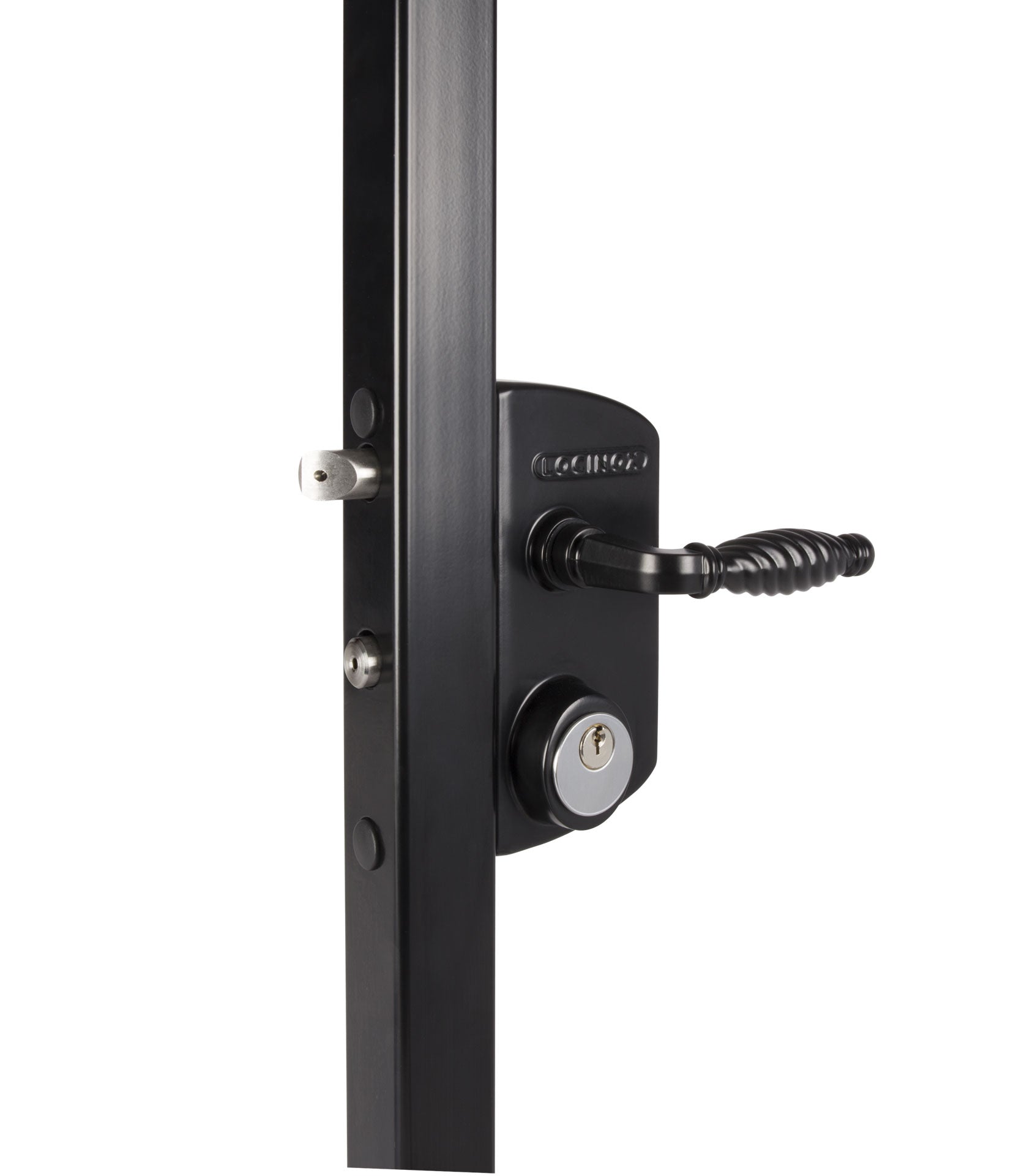 US mortise cylinder gate lock designed for square or flat profiles, featuring a black finish and sold individually.