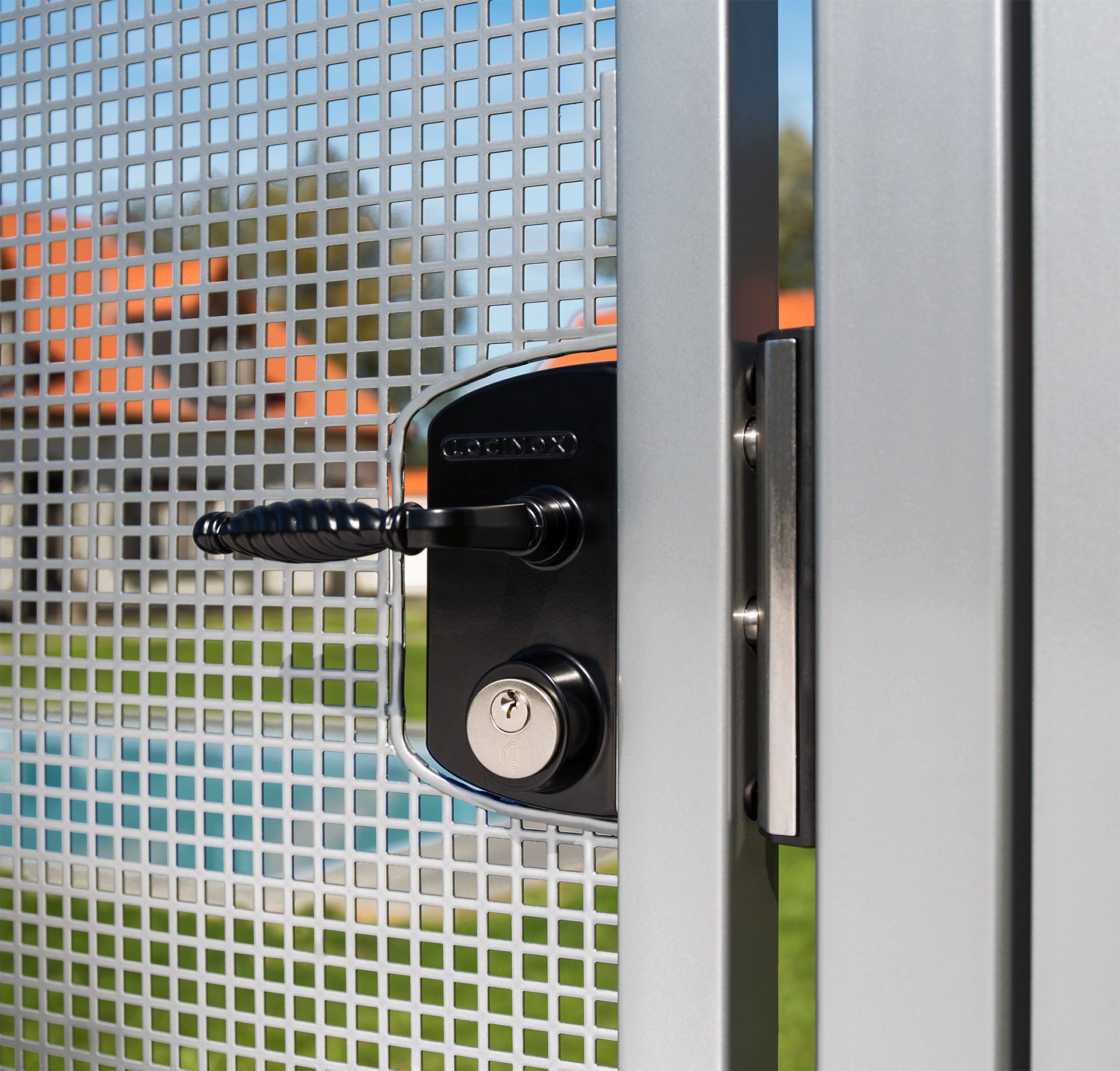 US mortise cylinder gate lock with black finish, designed for square or flat profiles, ideal for security applications.