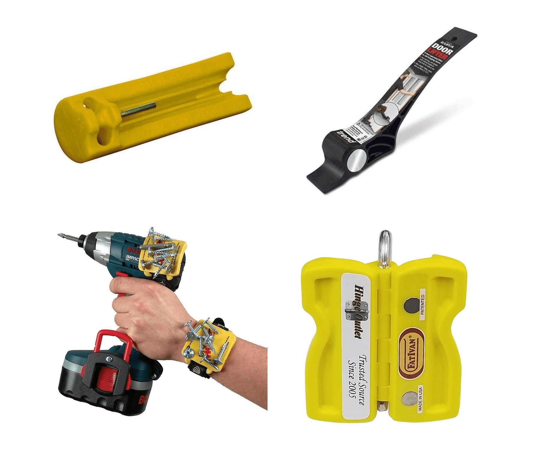 Ultimate Toolbox Bundle for doors featuring a door lifter, hinge pin removal tool, magnetic wrist strap, and door chock.