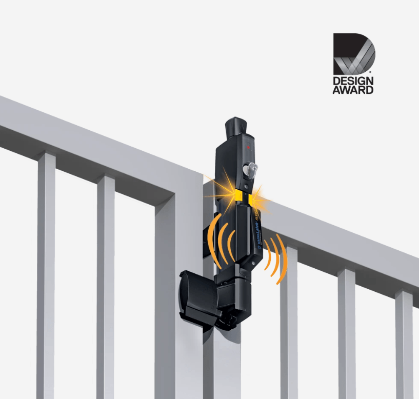 Vertical pull alert gate latch with electronic alarm in black, designed for 3/4" gate gaps, suitable for metal, wood, or vinyl gates.