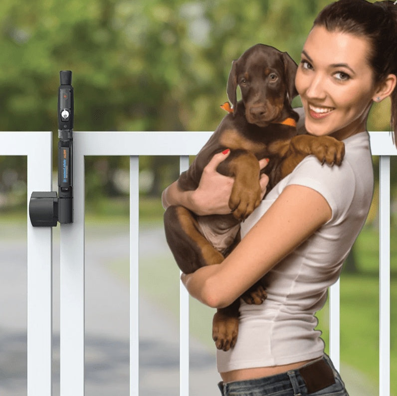Vertical pull alert gate latch with electronic alarm, designed for 3/4" gate gaps, suitable for metal, wood, or vinyl gates.