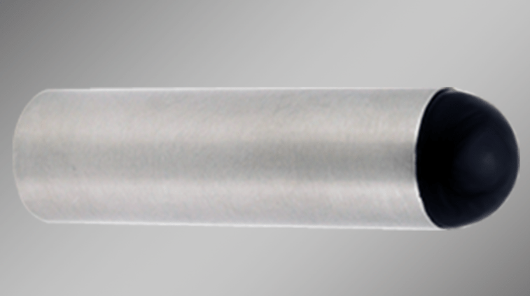 Stainless steel wall door stop, 2 7/8 inches long, designed to prevent wall damage from door impact. Sold individually.