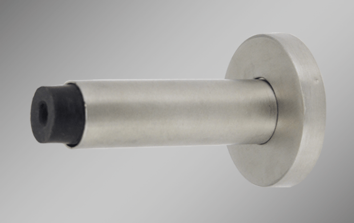 Round wall door stop with plate, 3 1/8 inches, made of stainless steel, designed to prevent door damage.