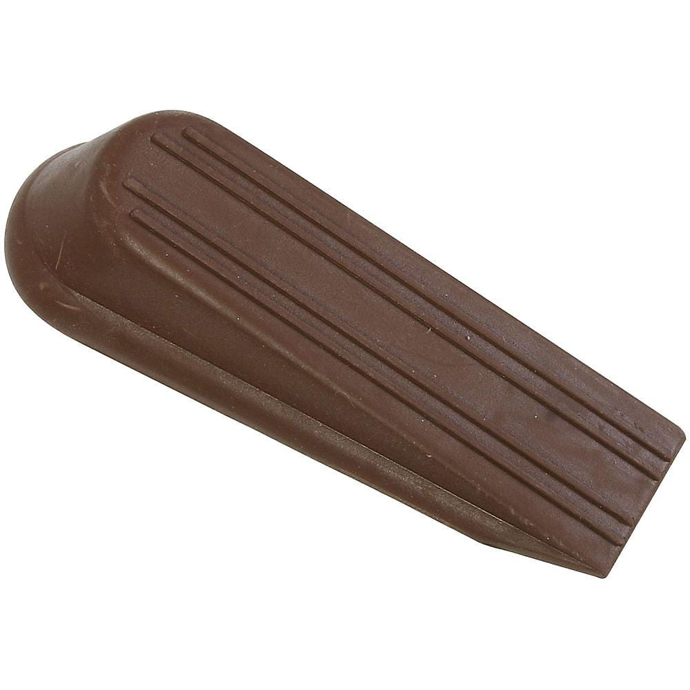 Brown rubber door stop, 4 inches long, designed to hold doors open securely, sold in a convenient 2 pack.