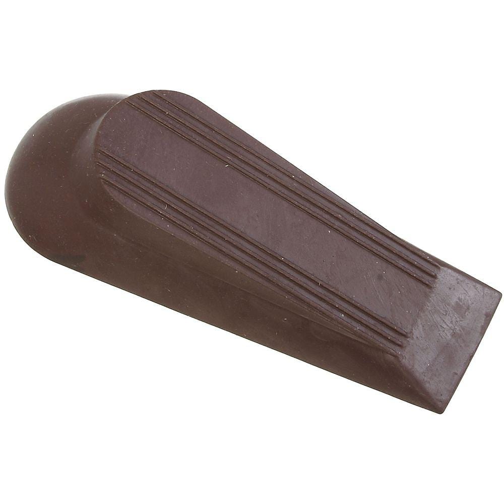 Brown rubber wedge door stop, 5 inches long, designed to hold doors open securely, sold in a 2-pack.