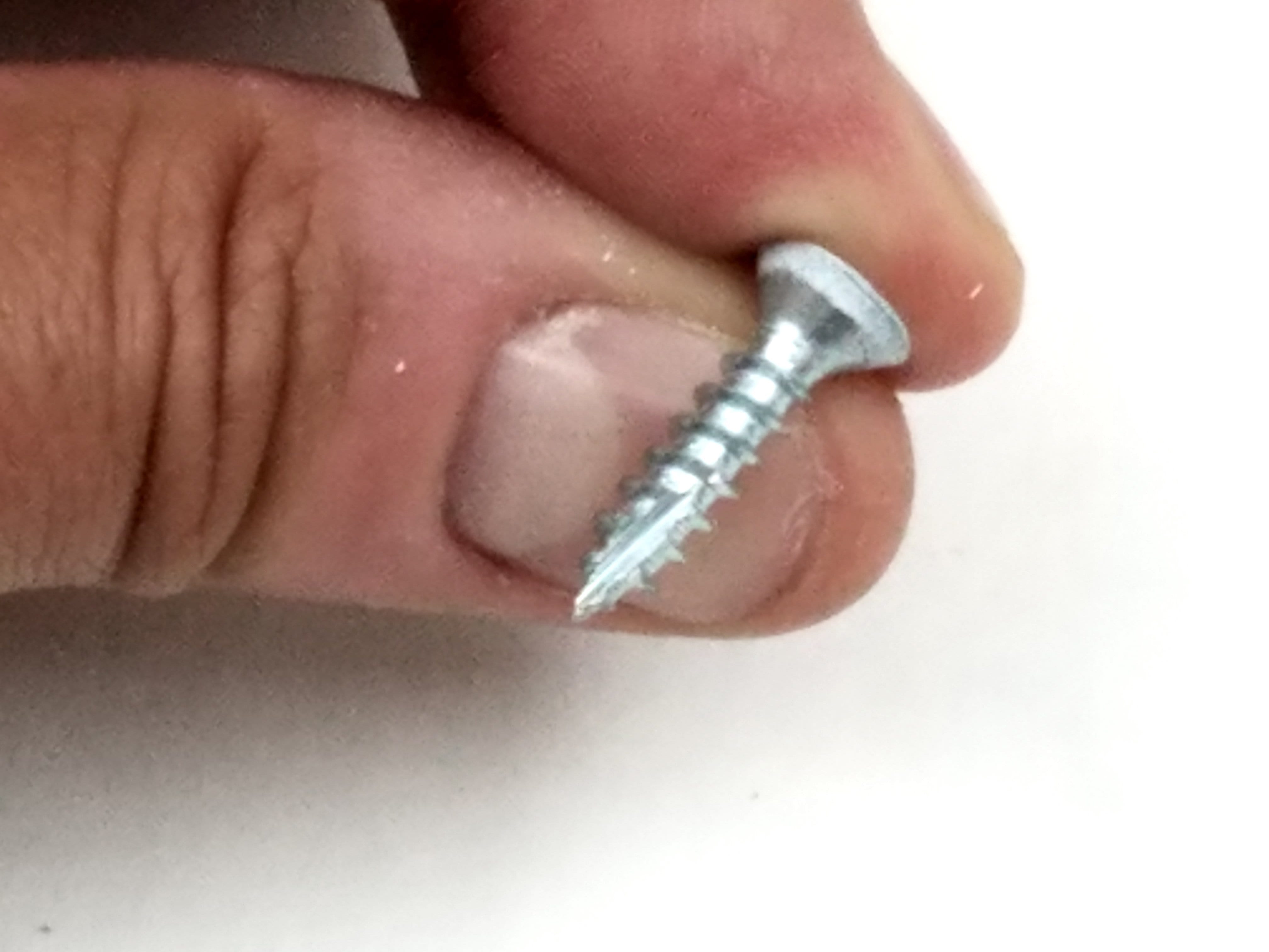 Close-up of a hand holding a white prime #9 x 3/4 inch fly cut wood screw designed for door hinges.