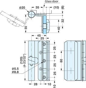 Self-closing stainless steel glass door hinges by SUGATSUNE, 2 pack, with detailed dimensions for installation.
