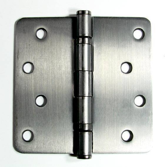 Ball bearing door hinges with 4-inch size and 1/4-inch radius corners, available in multiple finishes, 2-pack.