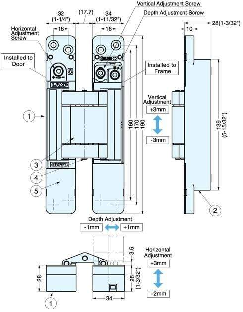 Heavy duty concealed door hinges by Sugatsune, featuring vertical and horizontal adjustment screws, available in multiple finishes.