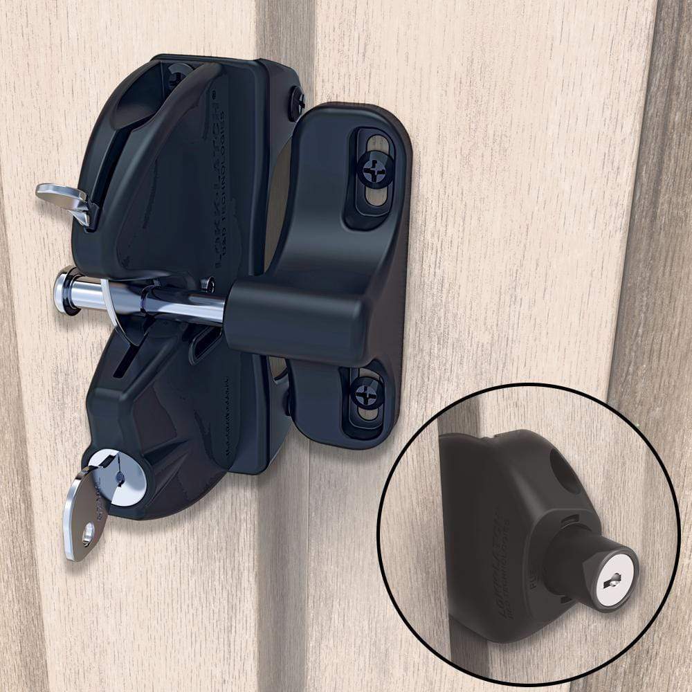 Black gate security latch with a lockable feature, designed for two-sided access and keyed alike functionality.