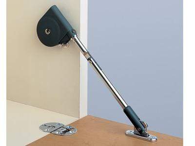 Soft-down flap door lid stay in black for 25/32" thick doors, designed for smooth and controlled opening. Sold individually.