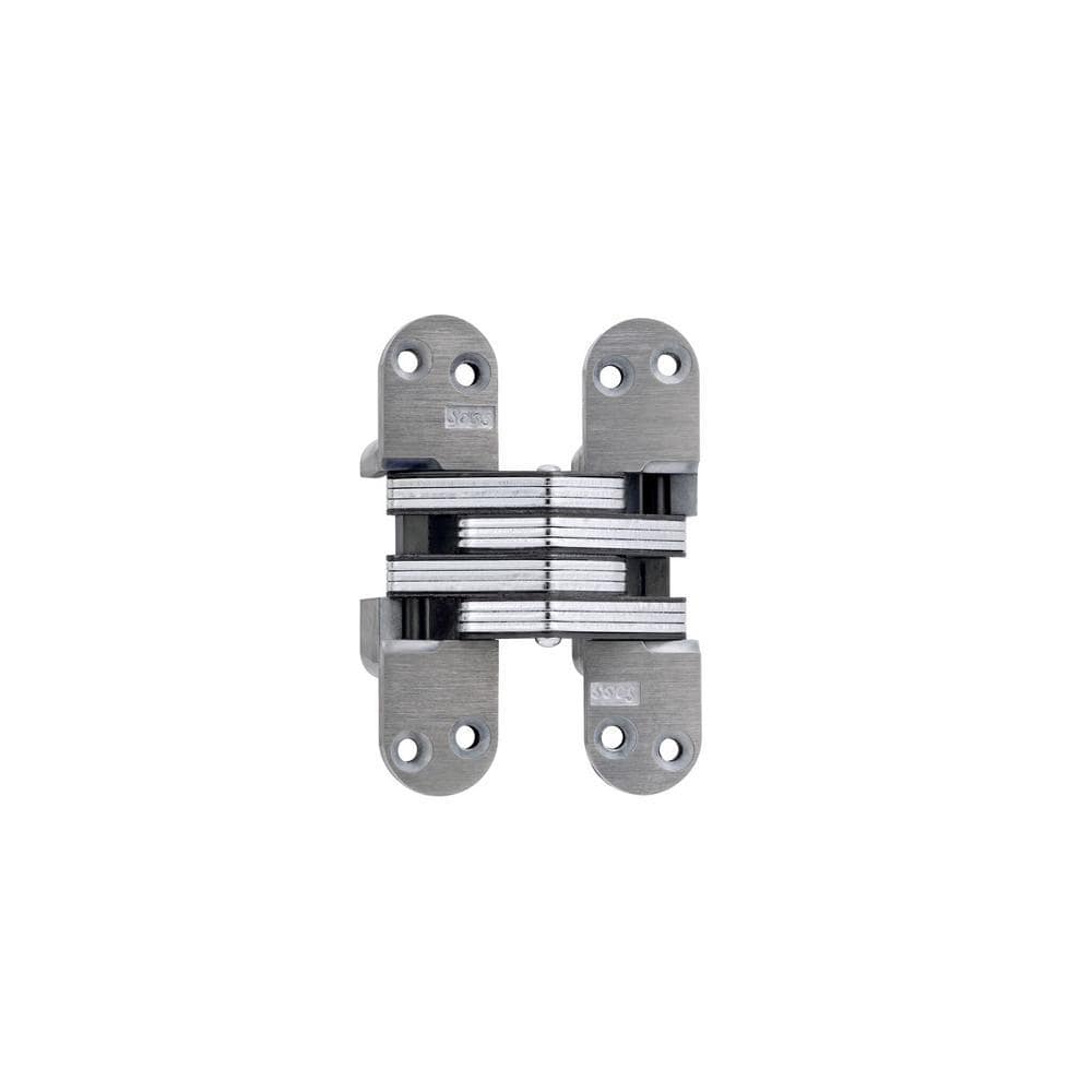 Concealed door hinge measuring 1-1/8 x 4-5/8 inches for doors 1-3/4 inches thick, available in multiple finishes.