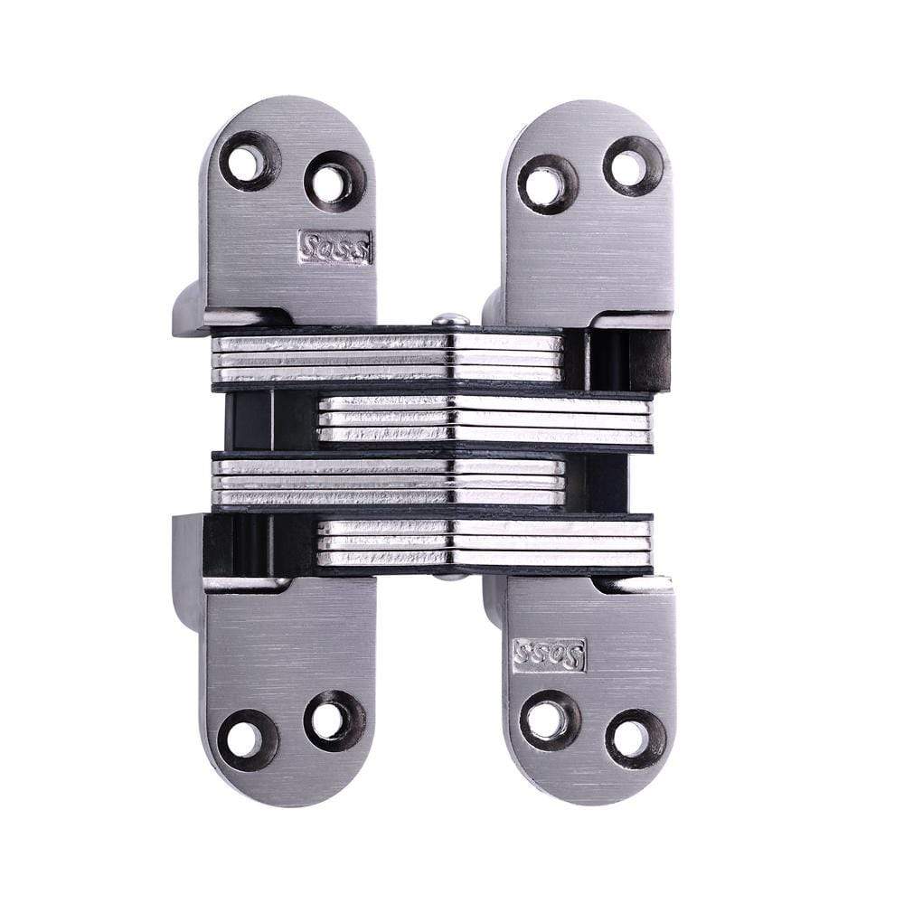 Concealed door hinge measuring 1-1/8 x 4-5/8 inches, suitable for 1-3/4 inch thick doors, available in multiple finishes.