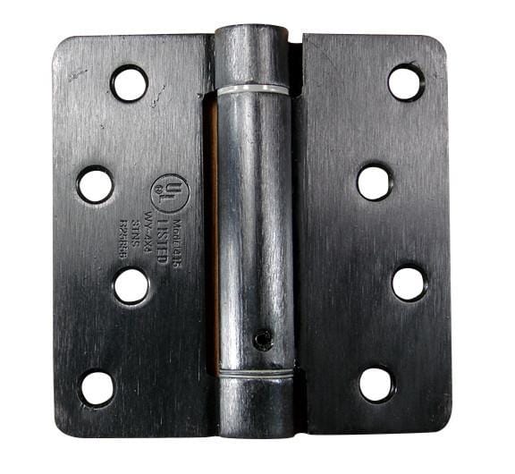 Spring loaded hinges in oil rubbed bronze finish, 4 inches with 1/4 inch radius, sold in a 2 pack for doors.